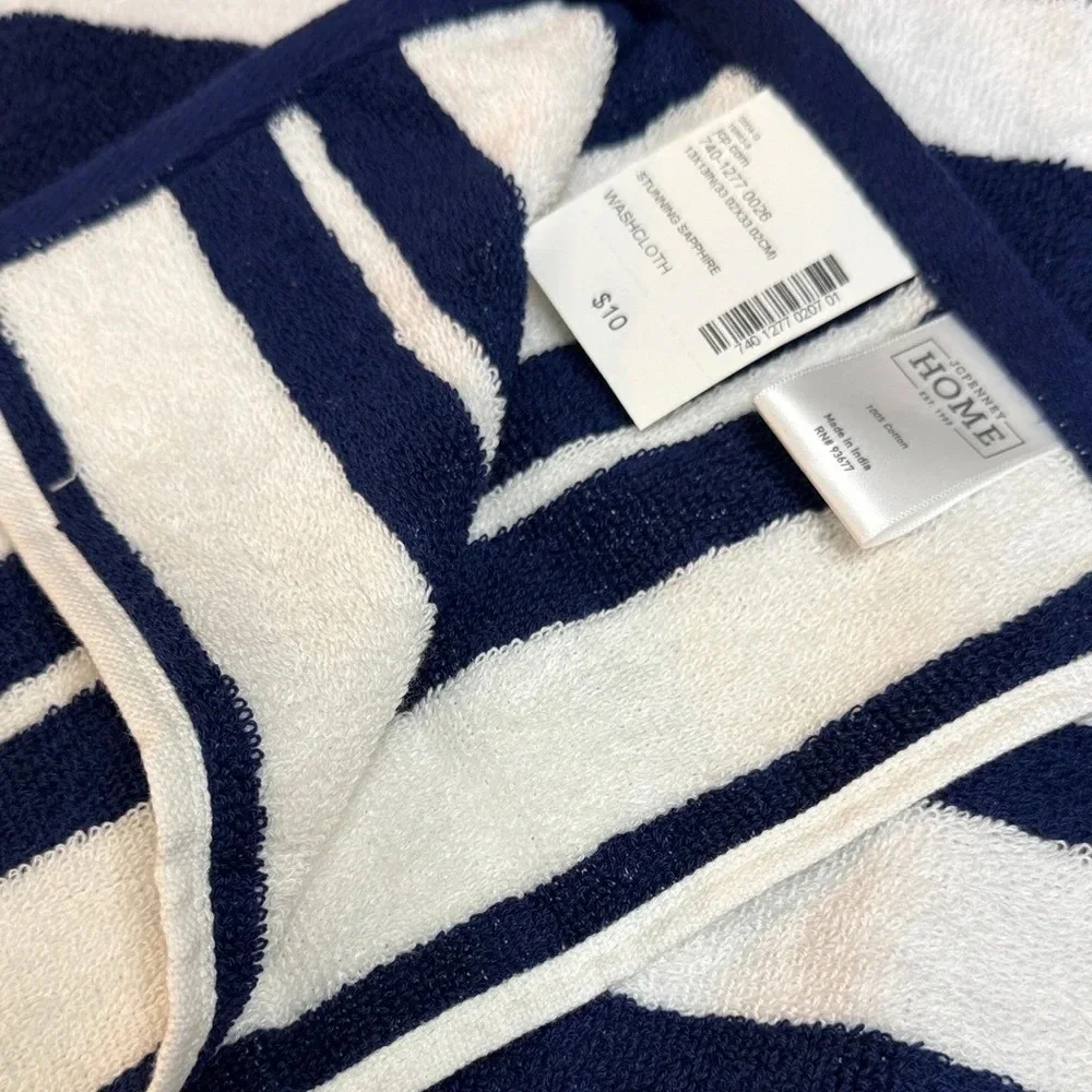 JCPenney Home Navy and White striped Performance Bath Towel set NWT